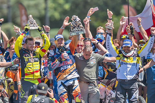 New Dakar Rally Champion Price (center) flanked by runner-up Svitko (left) and third-place finisher Quintanilla (right). PHOTO COURTESY OF RED BULL CONTENT POOL.