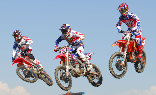 Team USA Motocross of Nations riders Justin Barcia (left), Eli Tomac (center) and Ryan Dungey (right) geared up and took a few laps for the US press at Lake Elsinore Motorsports in Southern California today. The three-man squad hopes to return Team USA to its winning ways at the prestigious international event in September. PHOTO BY SCOTT ROUSSEAU